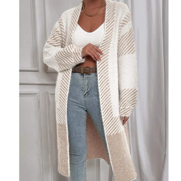 Tan  Striped Pattern Fuzzy Duster Knit Sweater Cardigan - Picture 4 of 6